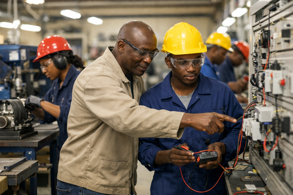 Students in an African technical vocational training workshop, illustrating decolonized education Africa as economic infrastructure