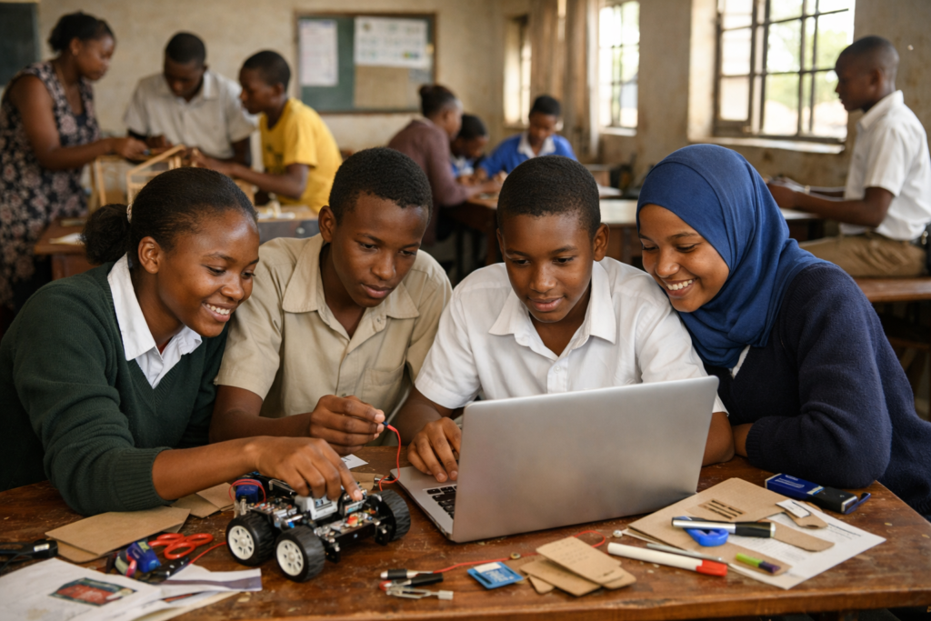 Illustration of curriculum transforming from exam-based learning to hands-on technical training in Africa