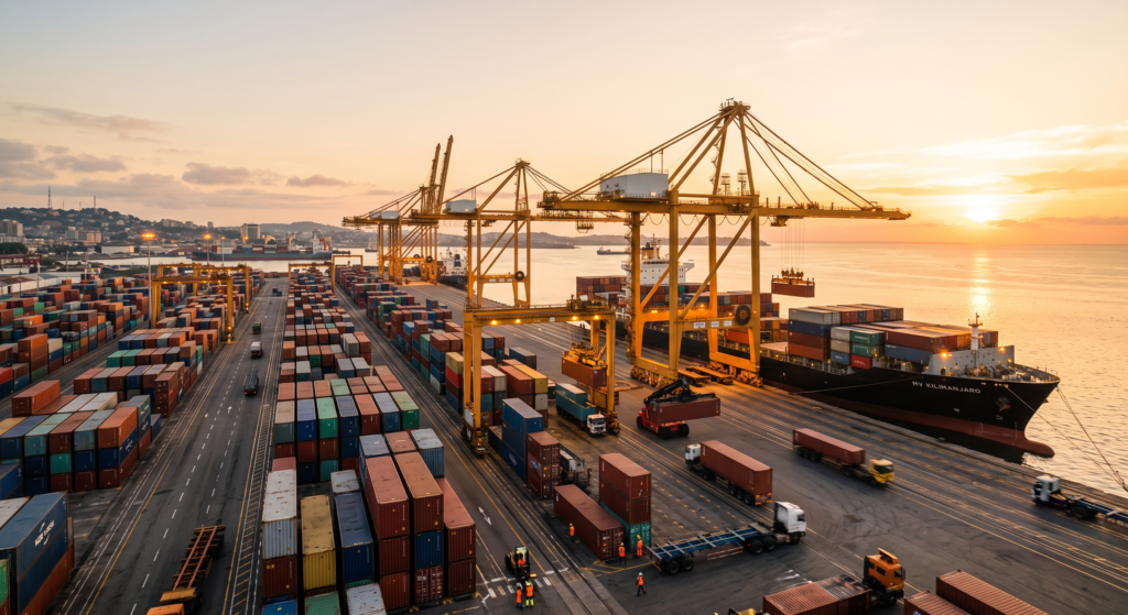 Modern African port loading cargo, illustrating AfCFTA implementation and intra-African trade growth in 2026