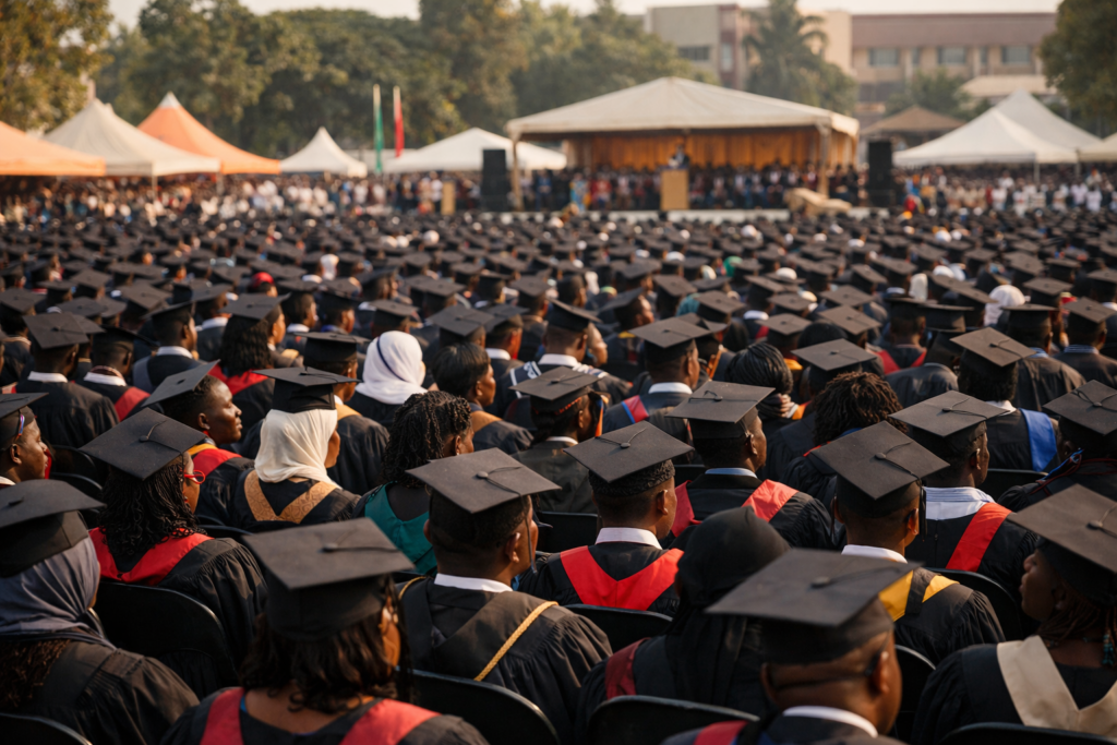 Large African university graduation ceremony, representing the continent's skills mismatch and youth unemployment challenge