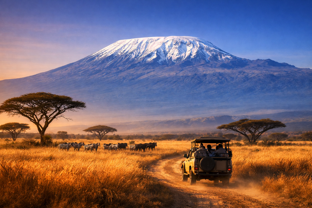 Safari vehicle on Tanzania's northern circuit near Arusha: match-gap Tanzania safari tours packaged around AFCON 2027 fixtures.