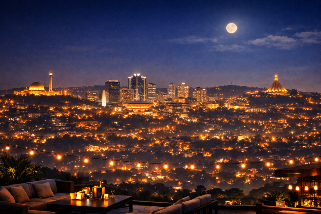 Premium rooftop lounge in Kampala at night: Kampala premium nightlife venues positioned for AFCON 2027 visitors.
