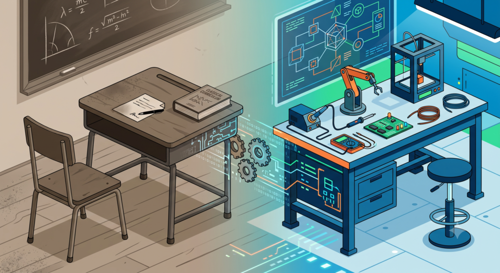 Illustration of curriculum transforming from exam-based learning to hands-on technical training in Africa
