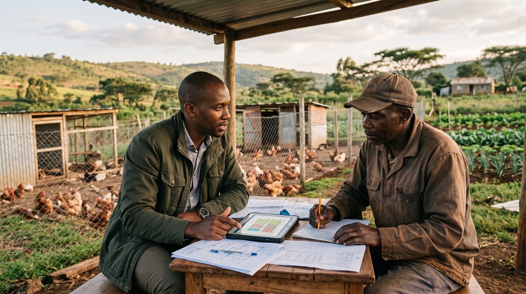 Diaspora investor and local partner reviewing an SME investment plan